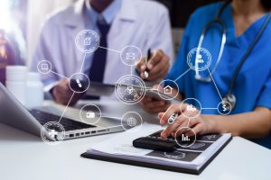 Medicine doctor team on white desk as medical concept